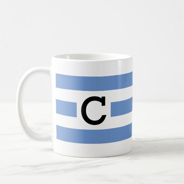 Modern Light blue white rand monogrammad Kaffemugg (Vänster)