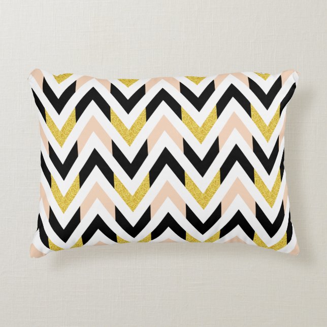 Modern Light Coral, Guld, Black, White Chevron Prydnadskudde (Framsidan)