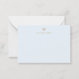 Modern Light Dusty Blue Guld Script Monogram Anteckningskort