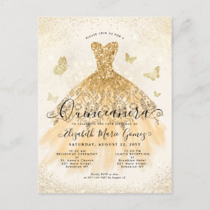 Modern Light Gult Guld Glitter Gown Quinceanera Vykort