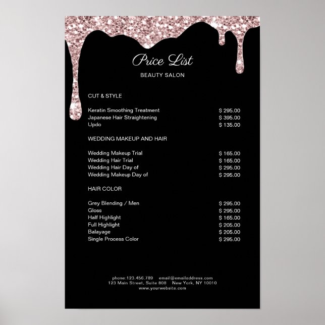 Modern Lightpink Svart Glitter Prislista Poster (Framsidan)