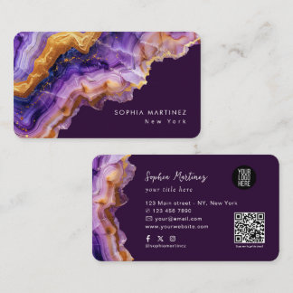 Modern lila agat guldmarmor & QR-kod logotyp Visitkort