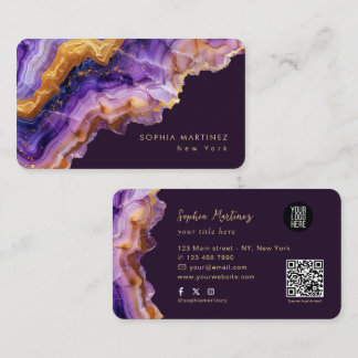 Modern lila agat guldmarmor & QR-kod logotyp Visitkort