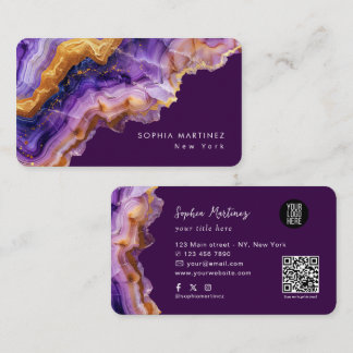 Modern lila agat guldmarmor & QR-kodlogotyp Visitkort