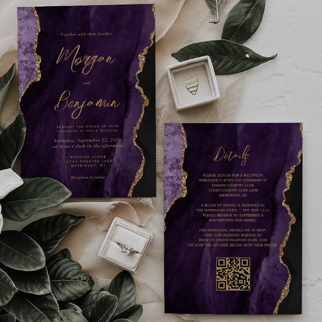Modern lila Agate Script QR-kod Bröllop Inbjudningar (Skapare uppladdad)
