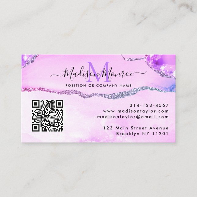 Modern Lila Anpassningsbar Logotyp QR Code Agate M Visitkort (Framsida)