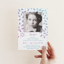 Modern Lila + Bat mitzvah fotoinbjudningar