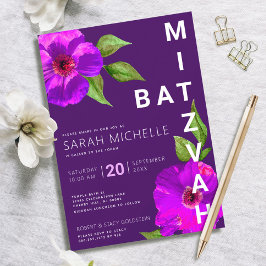 Modern Lila Bat mitzvah Rosa Blommigt Vattenfärg Inbjudningar