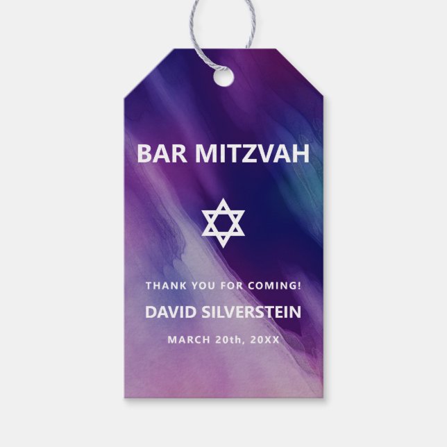 Modern lila blå stjärna David Bar Mitzvah hebreisk Presentetikett (Framsidan)