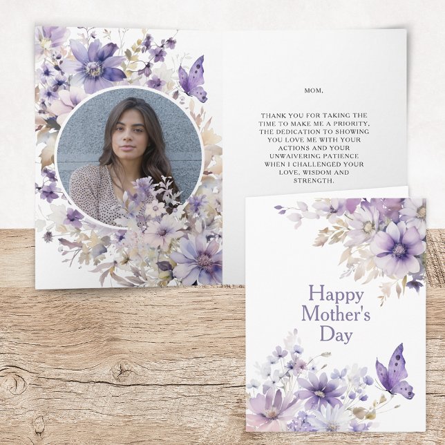 Modern lila blommig fotofödelsedagskort till mamma kort (Elegant Modern Floral Watercolor Happy Mother's Day Card with Photo and Personalized Message)