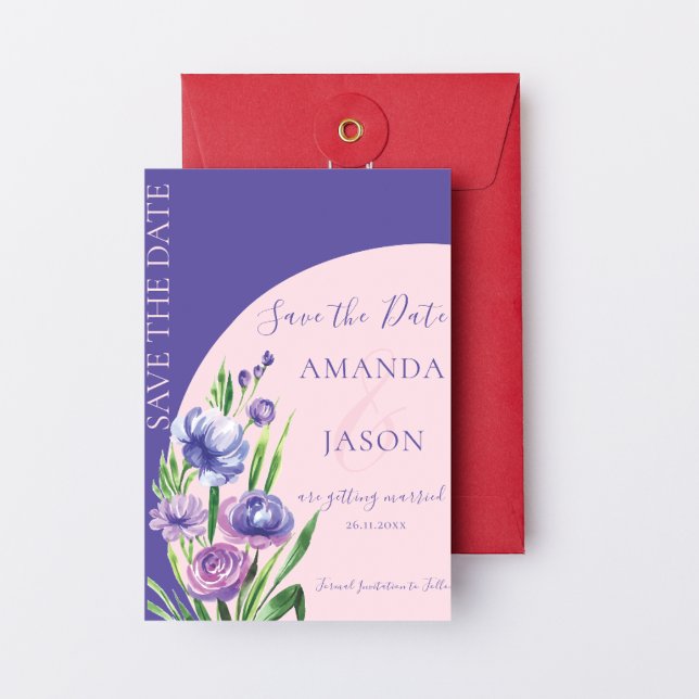 Modern Lila Blommigt  Bröllop spara datum (Purple Floral Blush Elegant Wedding Save the Date Invitation)