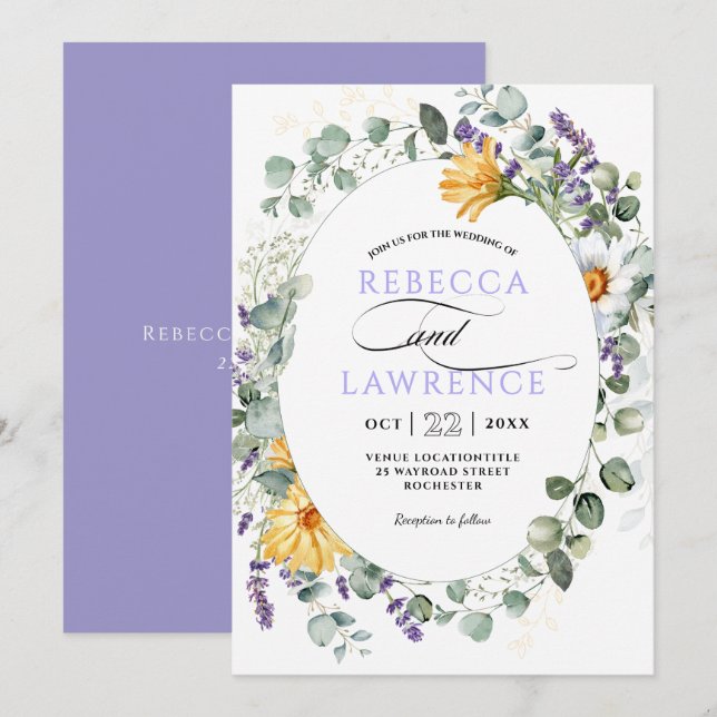 Modern lila blommigt bröllopsinbjudan inbjudningar (Fram/baksida)