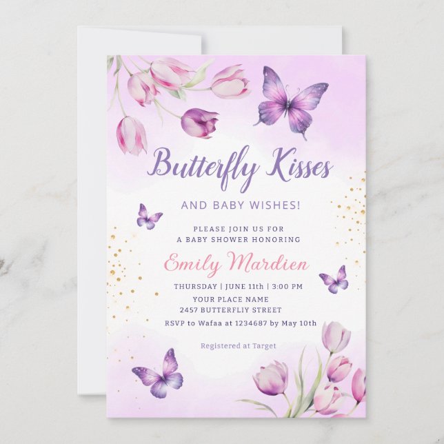 Modern Lila Blommigt Butterfly Girl Baby Shower Inbjudningar (Framsida)