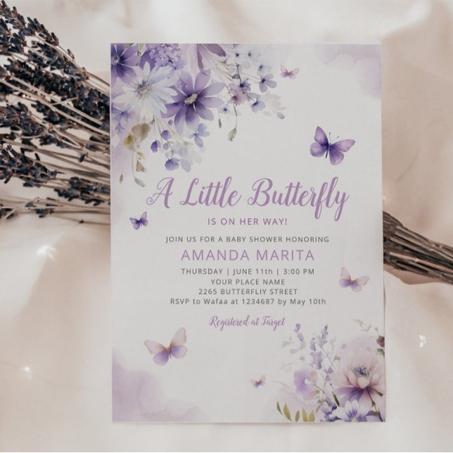 Modern Lila Blommigt Butterfly Girl Baby Shower Inbjudningar (Skapare uppladdad)