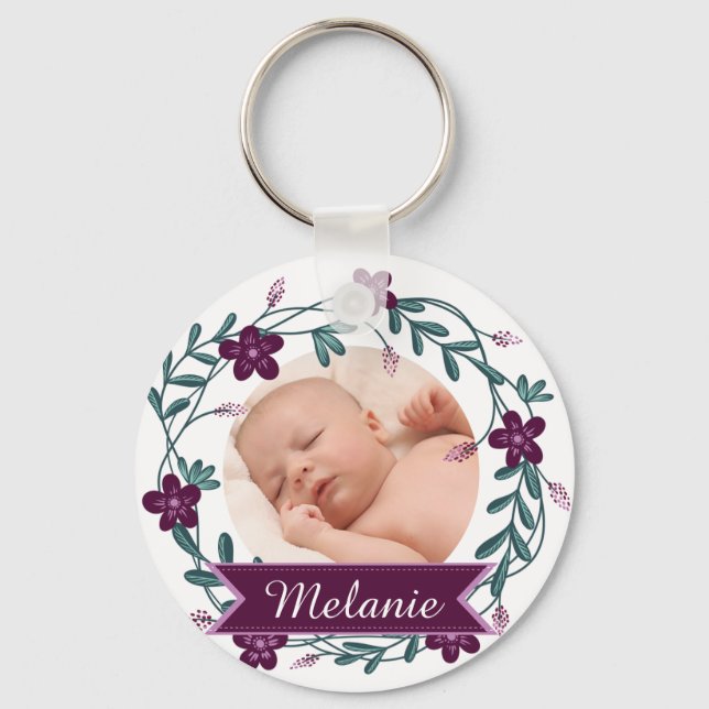 Modern Lila Blommigt, fotnotsskydd vid Baby Nyckelring (Framsida)