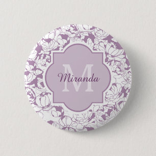 Modern Lila Blommigt Girly Monogram med Namn Knapp