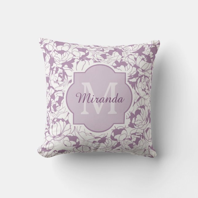 Modern Lila Blommigt Girly Monogram med Namn Kudde (Framsida)