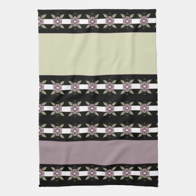 Modern lila blommigt och rand kökshandduk (Vertikal)