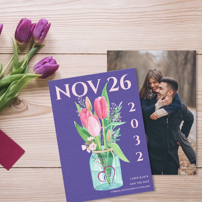 Modern Lila Blommigt Photo Bröllop spara datum Meddelande (Modern Purple Floral Photo Wedding Save the Date Announcement)