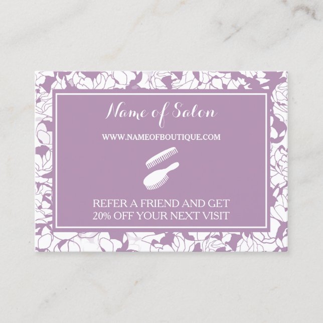 Modern Lila Blommigt Salon Friend Referral Coupon (Framsida)
