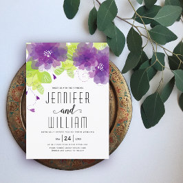 Modern lila blommor, typografi blommigt bröllop inbjudningar