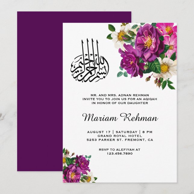 Modern lila blomstergirl Aqiqah Inbjudningar (Fram/baksida)