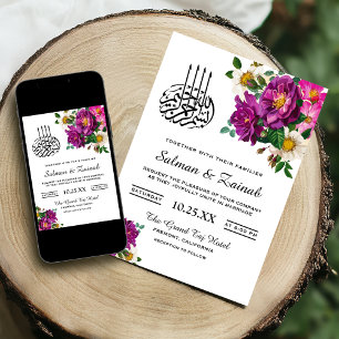 Modern lila blomsterinspirerad islamisk bröllopsin inbjudningar