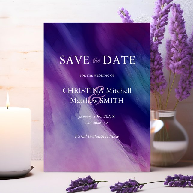Modern Lila Blue Bröllop Spara Datumet (Modern Purple Blue Wedding Save The Date)