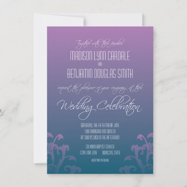Modern Lila Blue Flourish Wedding bjudits in Inbjudningar (Framsida)