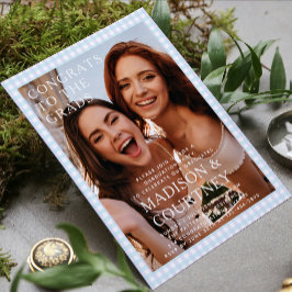 Modern Lila Blue Gingham Photo Studentfest Inbjudningar