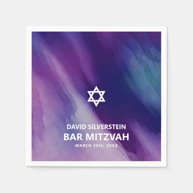 Modern Lila Blue Star David Pub Mitzvah Hebrew Pappersservett (Framsidan)