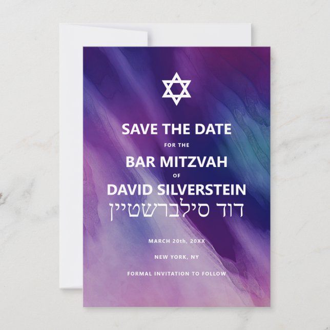 Modern Lila Blue Star David Pub Mitzvah Hebrew Spara Datumet (Framsida)