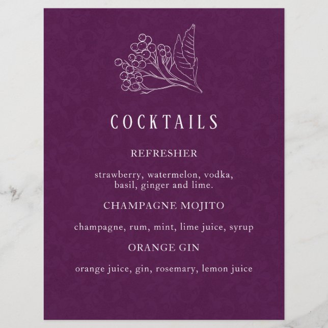 Modern Lila Botanical Bröllop Cocktail Menu (Framsida)