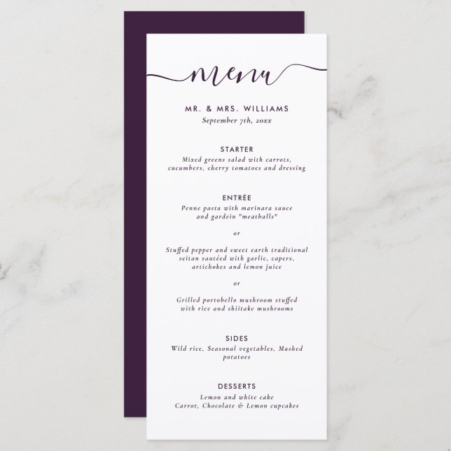 Modern Lila Bröllop Menu Meny (Fram/baksida)