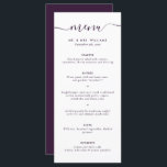 Modern Lila Bröllop Menu Meny<br><div class="desc">Menyn elegant anpassningsbar lila bröllop med ett modernt skriptteckensnitt. Anpassa enkelt onlinen. Matchningsalternativ som är tillgängliga för att komplettera den minimalistiska menyn lila bröllop.</div>