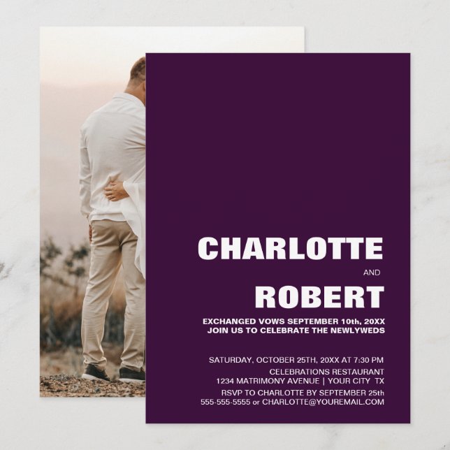 Modern Lila Bröllopsmottagning Inbjudningar (Fram/baksida)