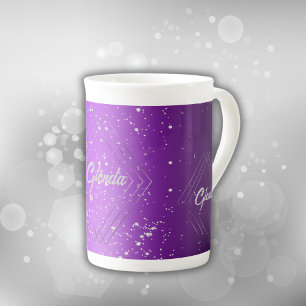 Modern Lila Brushed Metall med Silver Monogram   Benporslin Mugg