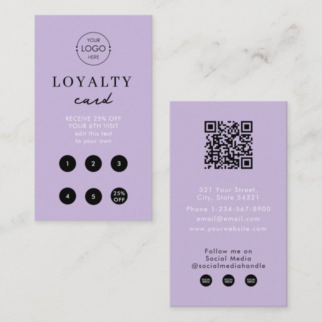 Modern Lila Business Logotyp QR Code Loyalty Simpl Visitkort (Fram/baksida)
