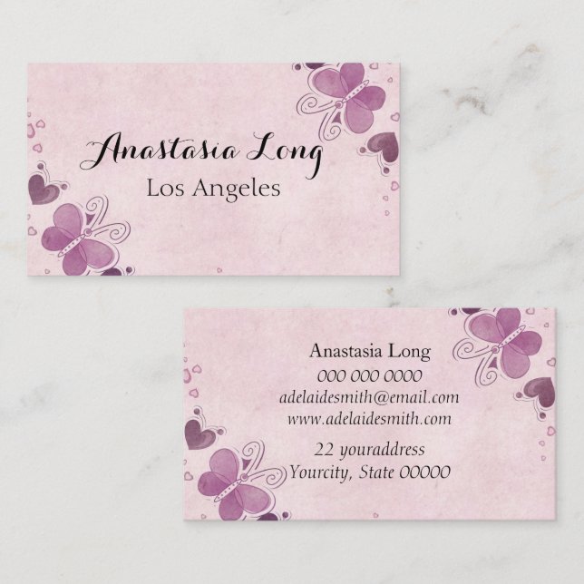 Modern Lila Buterfly Visitkort (Fram/baksida)