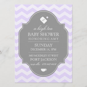 Modern Lila Chevron High Tea Baby Shower Inbjudan