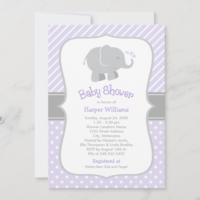 Modern lila elefant baby shower för flicka inbjudningar (Framsida)