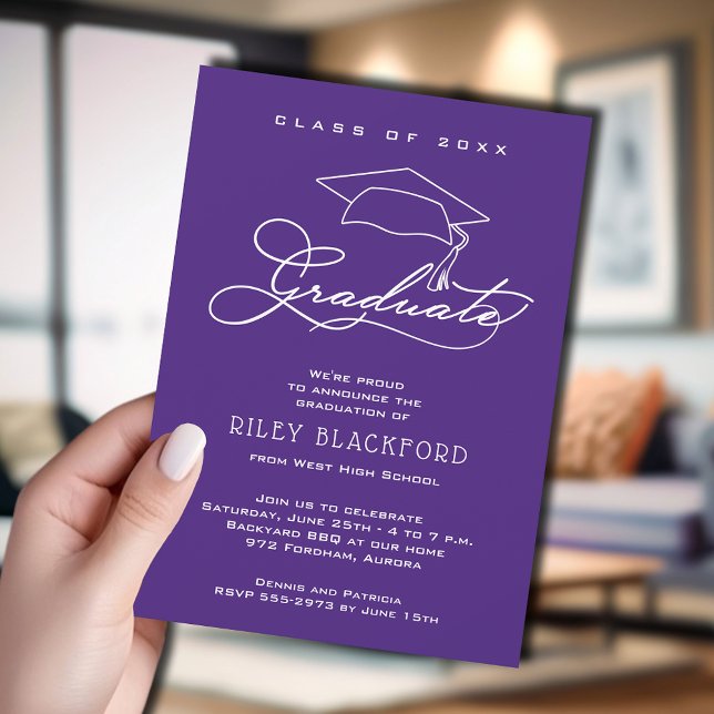Modern lila examen meddelande (Purple graduation announcement cards feature your details in chic white lettering.)