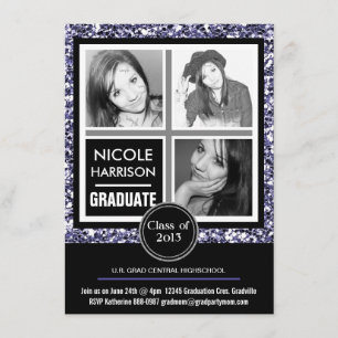 Modern Lila Faux Glitter 3 Photo Studenten Inbjudningar
