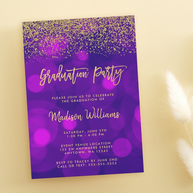 Modern Lila Faux Guld Glitter Studentfest Inbjudningar (Skapare uppladdad)