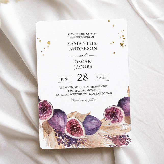 Modern Lila Figs & Pampas & Guld droppar Inbjudningar (Skapare uppladdad)