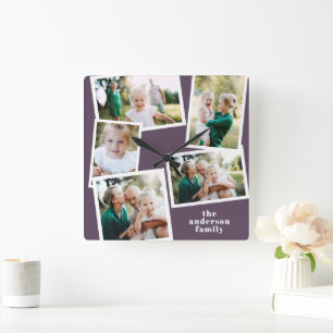 Modern lila - flera fotofamiljers hemdekoder fyrkantig klocka