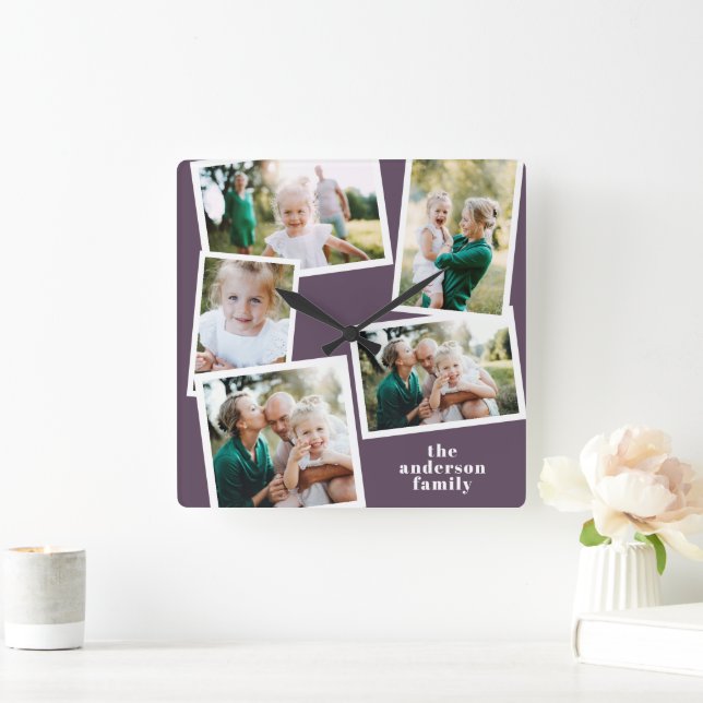 Modern lila - flera fotofamiljers hemdekoder fyrkantig klocka (Hem)