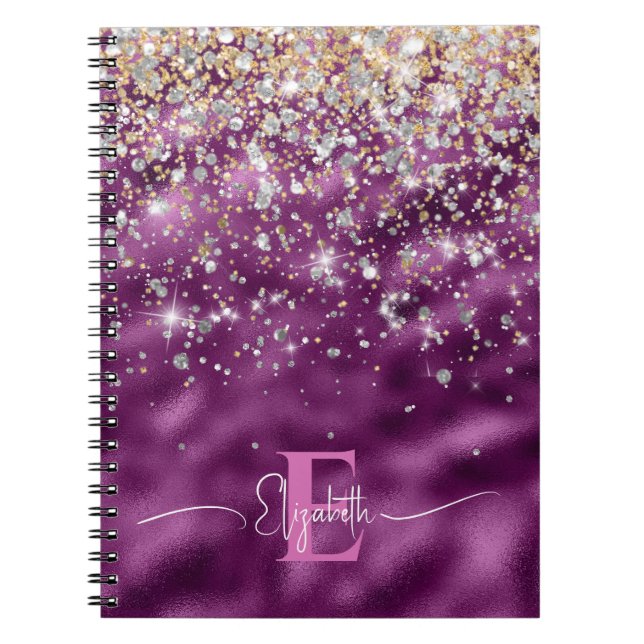 Modern Lila Foil Guld Faux Glitter Monogram Anteckningsbok (Framsidan)