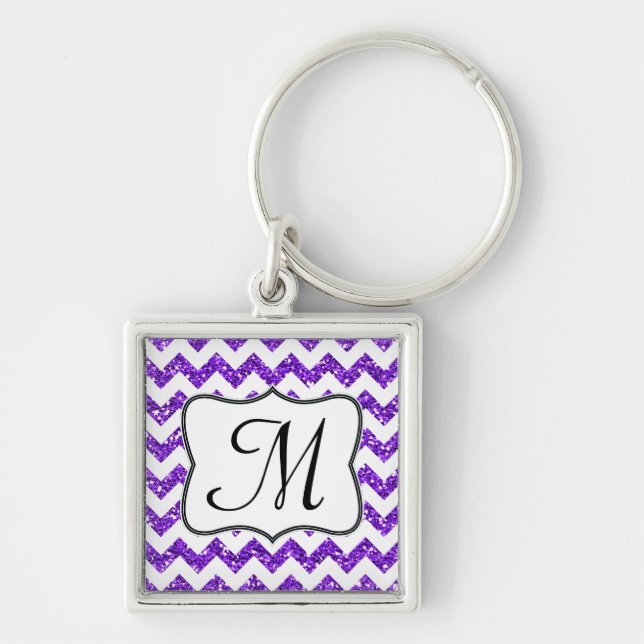 Modern Lila Glitter Chevron Zig Zag Nyckelring (Framsidan)