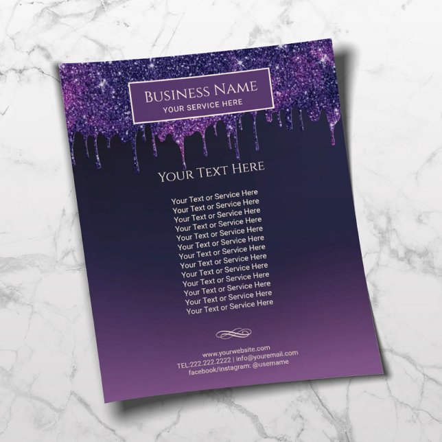 Modern Lila Glitter Drips Beauty Salon & Spa Flygblad (Skapare uppladdad)